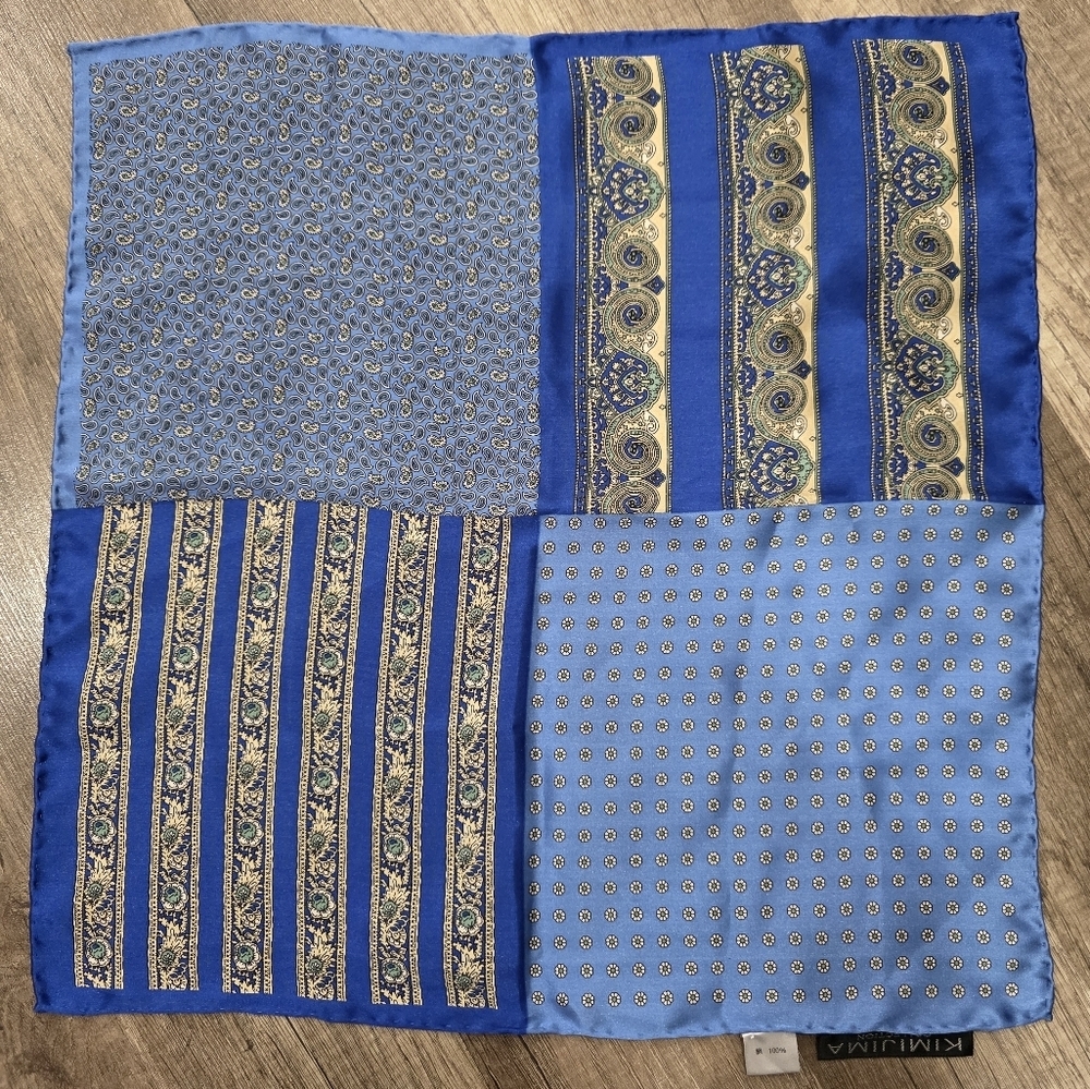 Vintage silk Kimijima Japanese designer scarf headband blue geometric floral